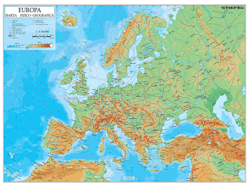 harta plastifiata europa fizico geografica 160 x 120cm baghete lemn stiefel
