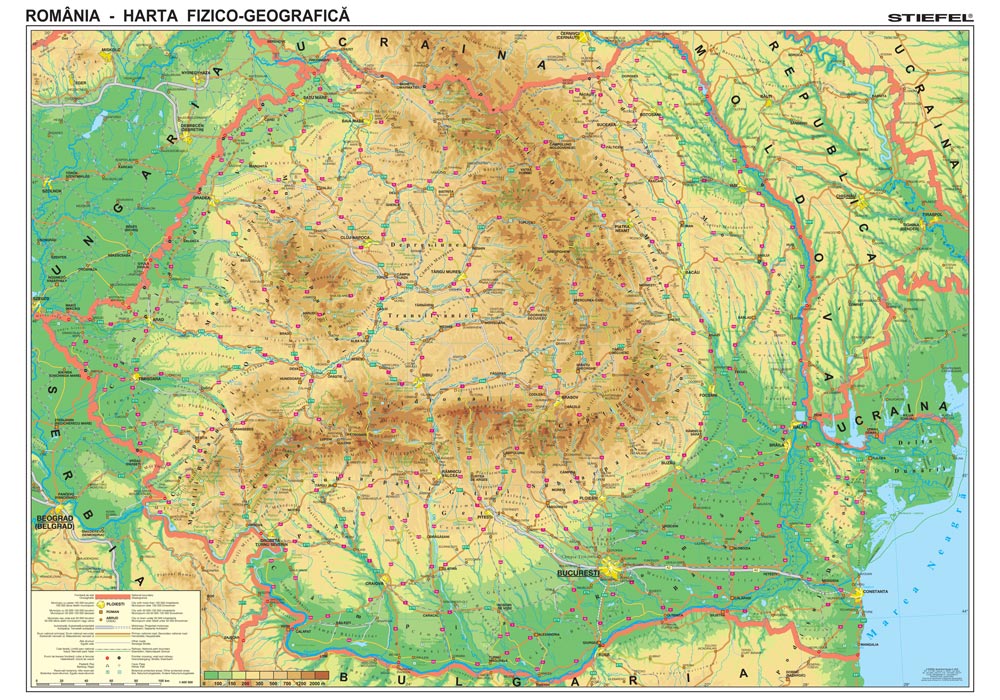 harta plastifiata romania fizico-geografica 200 x 140cm baghete lemn stiefel