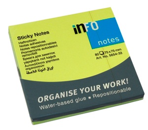 Notes autoadeziv, 75 x 75mm, 80 file/set, verde intens, INFO NOTES