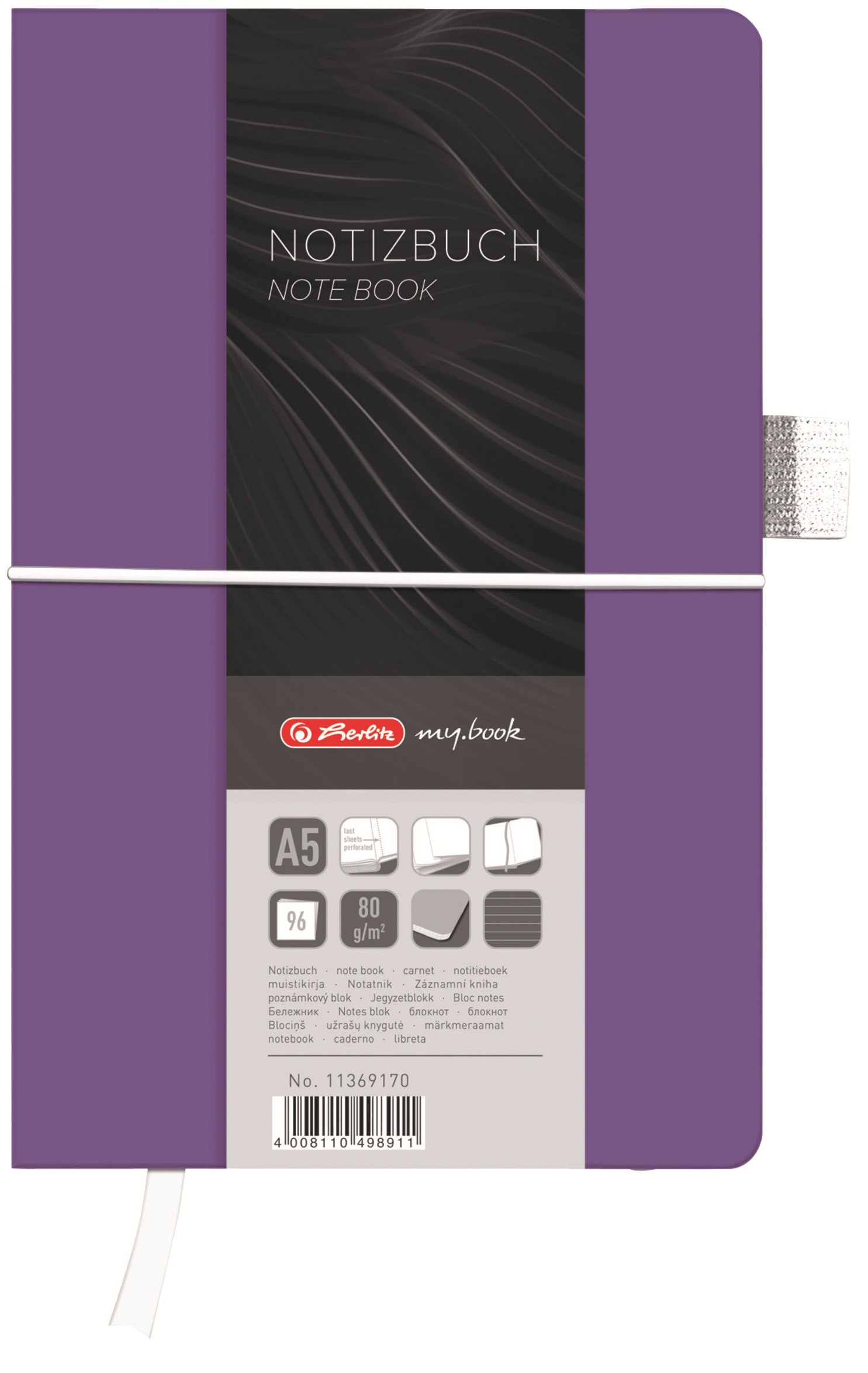 Bloc notes A5 dictando, coperta din panza cu elastic, 96 file, violet, HERLITZ My Book Classic