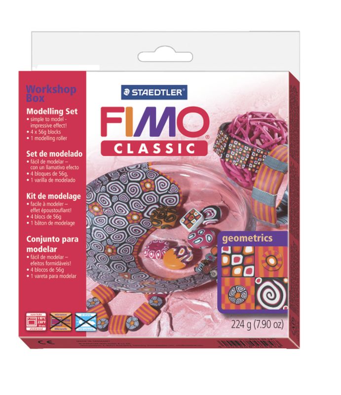 Plastilina pt. modelaj, 4 culori/set + 1 ustensila, STAEDTLER Fimo Classic Workshop Box Geometrics