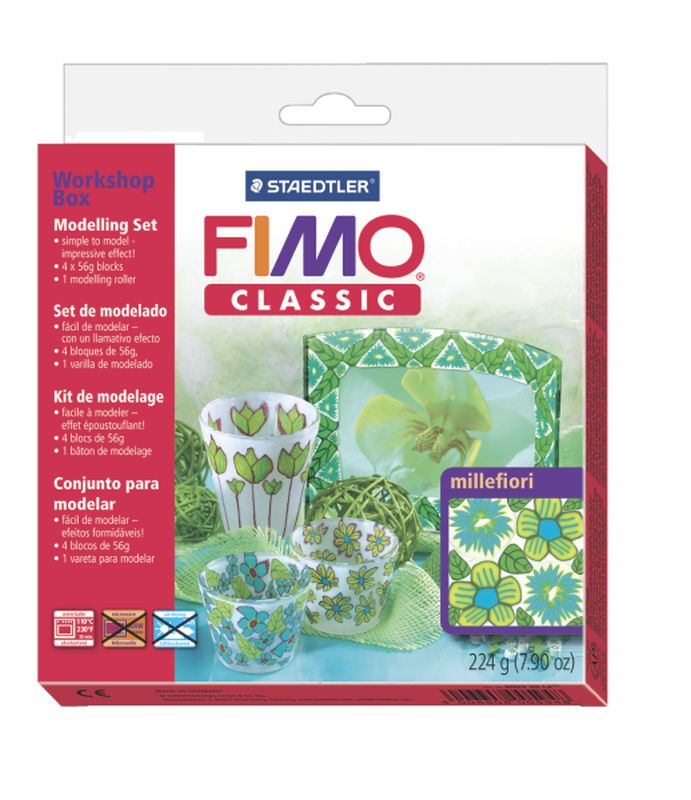 Plastilina pt. modelaj, 4 culori/set + 1 ustensila, STAEDTLER Fimo Classic Workshop Box Millefiori