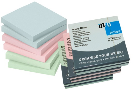 Notesuri autoadezive (6 seturi), 75 x 75mm, 100 file/set, diferite culori pastel, INFO NOTES