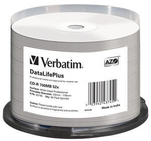 CD-R, 700MB, 52X, 50 buc/bulk, VERBATIM DataLifePlus Wide Inkjet Professional - No ID Brand