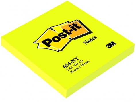 Notes autoadeziv, 76 x 76mm, 100 file/set, galben neon, POST-IT