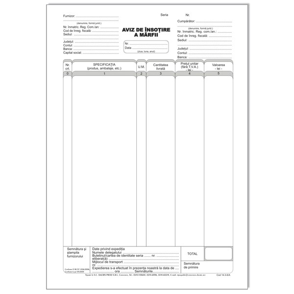 Aviz de insotire, A4, tipar fata, autocopiativ, 3ex., 50 set/carnet