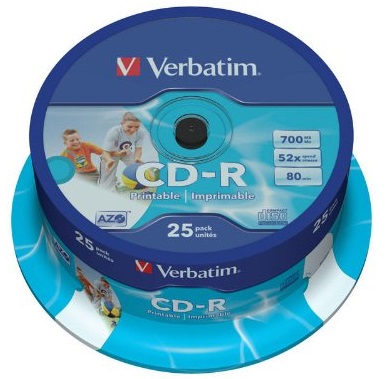 CD-R, 700MB, 52X, 25 buc/spindle, VERBATIM AZO Wide Inkjet Printable