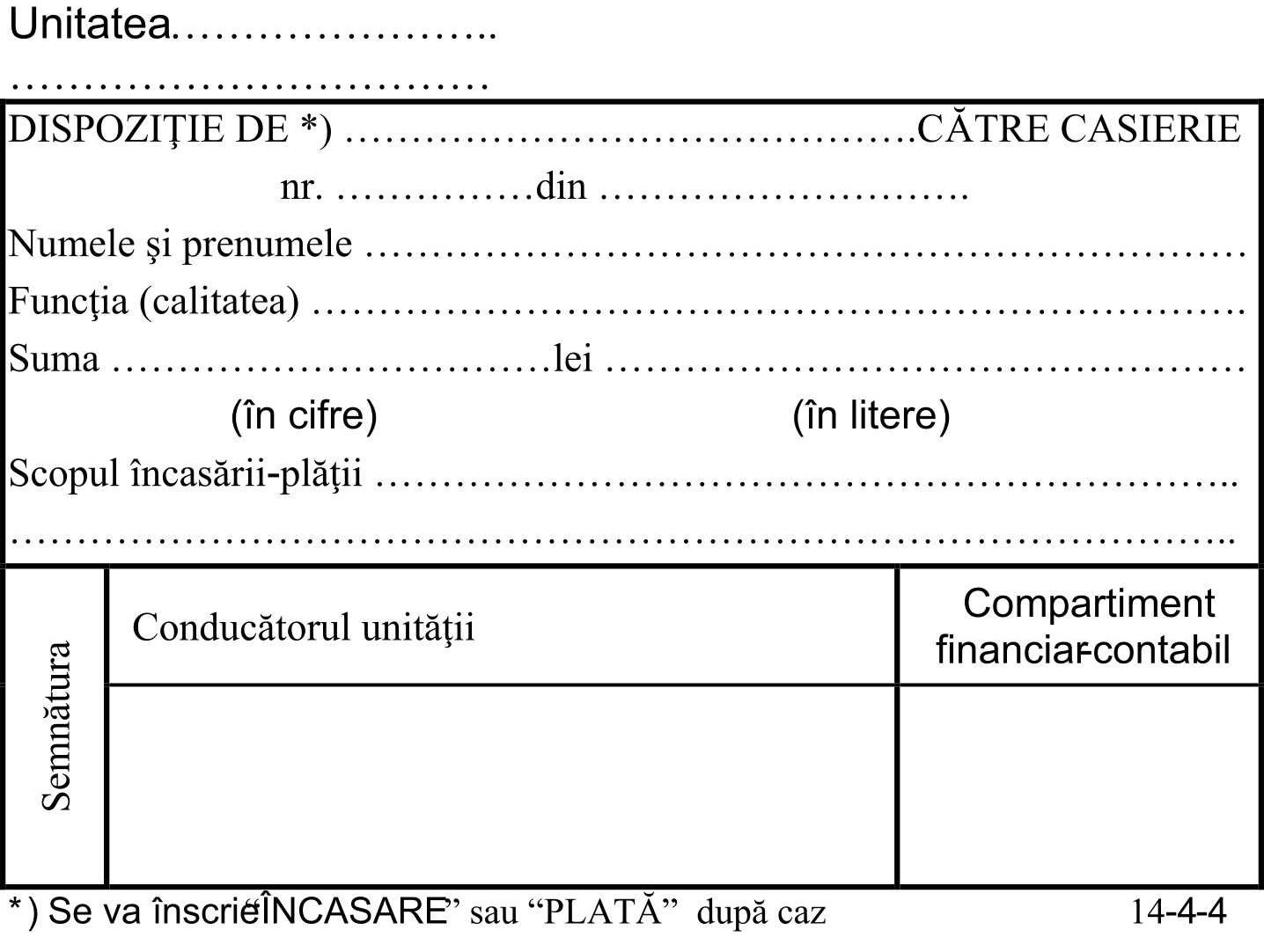 Dispozitie de plata catre casierie, A6, tipar fata/verso, 100 file/carnet