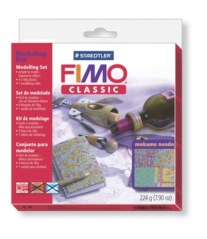 Plastilina pt. modelaj, 4 culori/set + 1 ustensila, STAEDTLER Fimo Classic Workshop Box Mokume Nendo