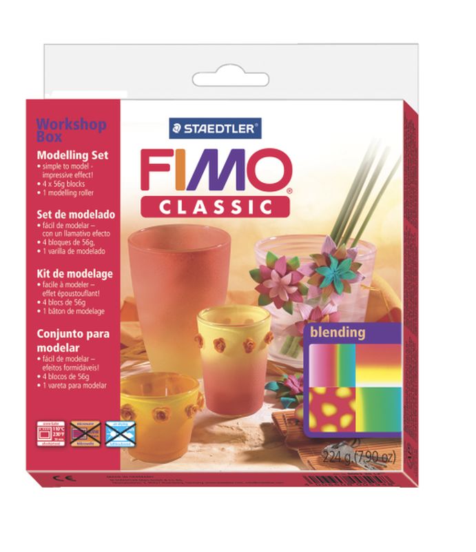 Plastilina pt. modelaj, 4 culori/set + 1 ustensila, STAEDTLER Fimo Classic Workshop Box Blending