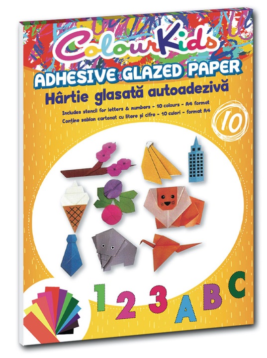 Hartie glasata, adeziva, A4, 10 culori/set, PIGNA ColourKids