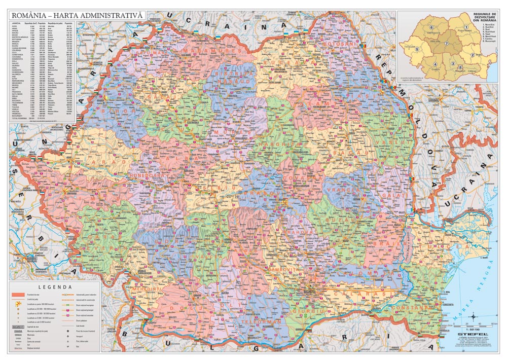 Harta plastifiata, Romania administrativa, 100 x 70cm, baghete plastic, STIEFEL