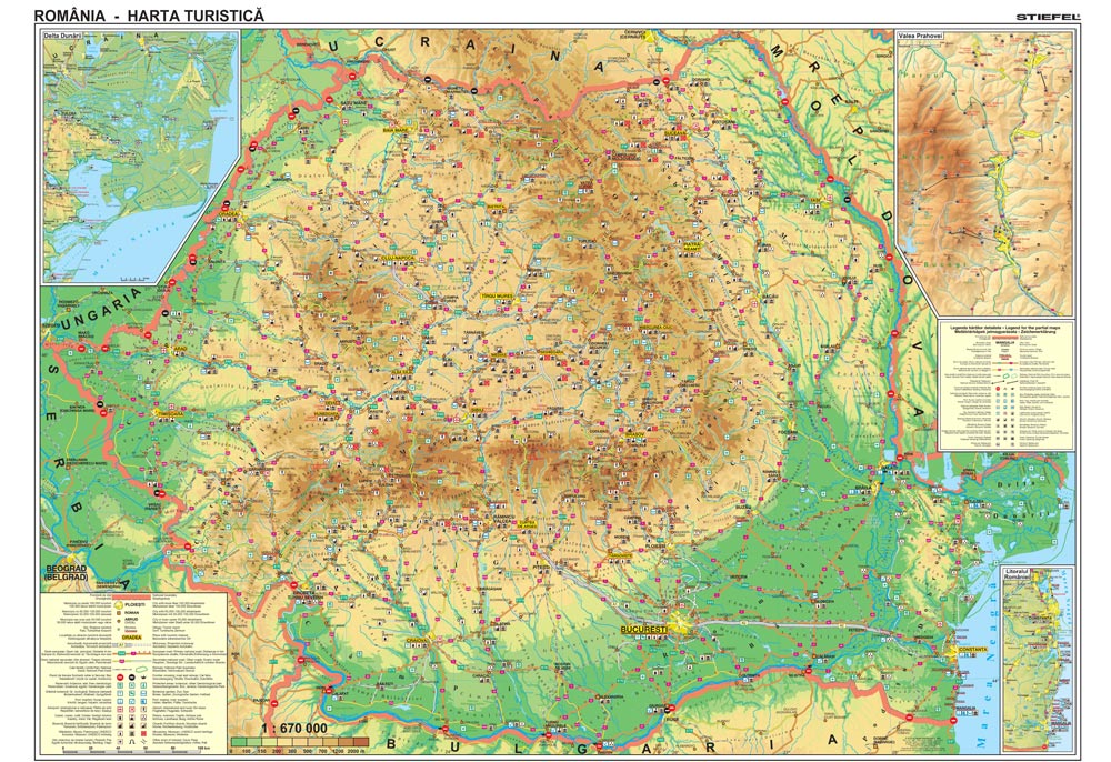 Harta plastifiata, Romania turistica, 160 x 120cm, baghete lemn, STIEFEL