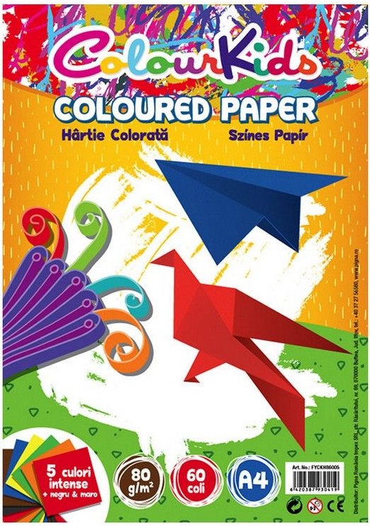 Hartie colorata A4, 80g, 5 culori intense + negru + maro, 60 coli/set, PIGNA ColourKids