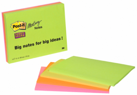 Notes autoadeziv pentru conferinte (4 seturi), 210 x 149mm, 45 file/set, 4 culori neon, POST-IT Super Sticky 6845-SS EU