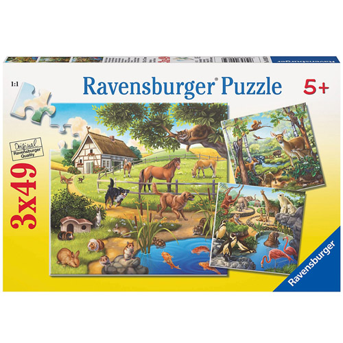 Puzzle padure zoo si animale domestice 3x49 piese RAVENSBURGER