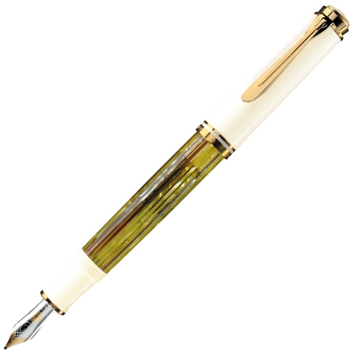 Stilou, corp alb-verde peridot, accesorii placate cu aur, penita aur 14K, PELIKAN Souveran M400 F